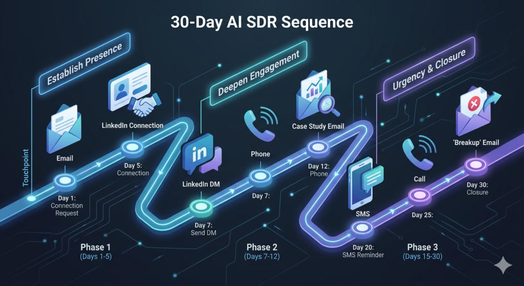 Multi-Channel AI SDR Outreach: How to Use SMS, Calls, Email and LinkedIn Together 3 The 10-Touchpoint Multi-Channel AI SDR Sequence