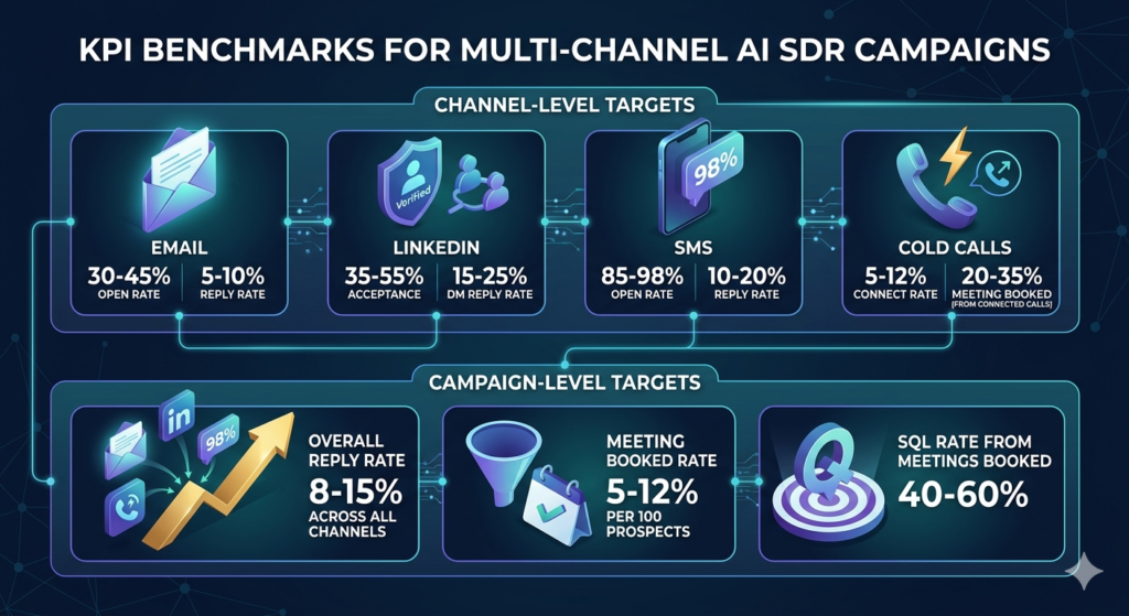Multi-Channel AI SDR Outreach: How to Use SMS, Calls, Email and LinkedIn Together 4 KPI Benchmarks for Multi-Channel AI SDR Campaigns