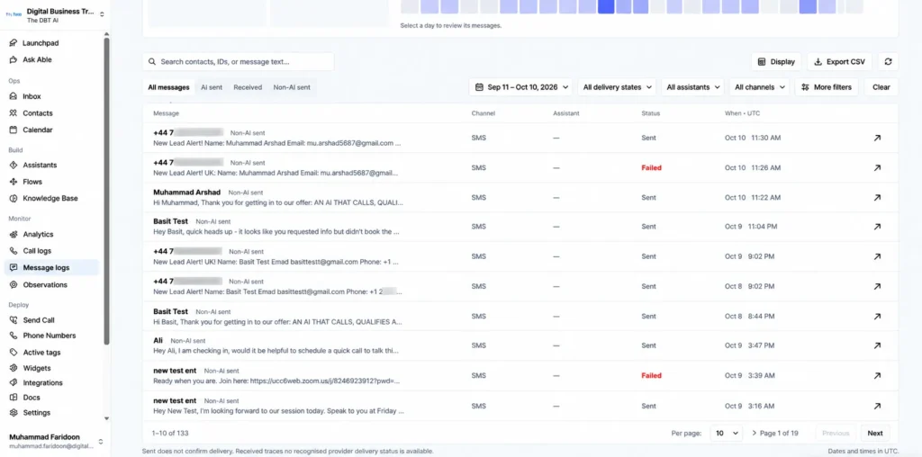 Message logs dashboard with delivery statuses