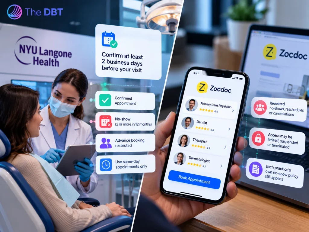 NYU Langone dental appointment policy and Zocdoc booking platform comparison, showing appointment confirmation, no-show restrictions, same-day booking access, and patient scheduling options.