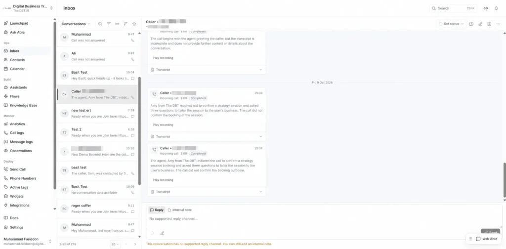 The DBT AI dashboard showing booked appointments from new leads
